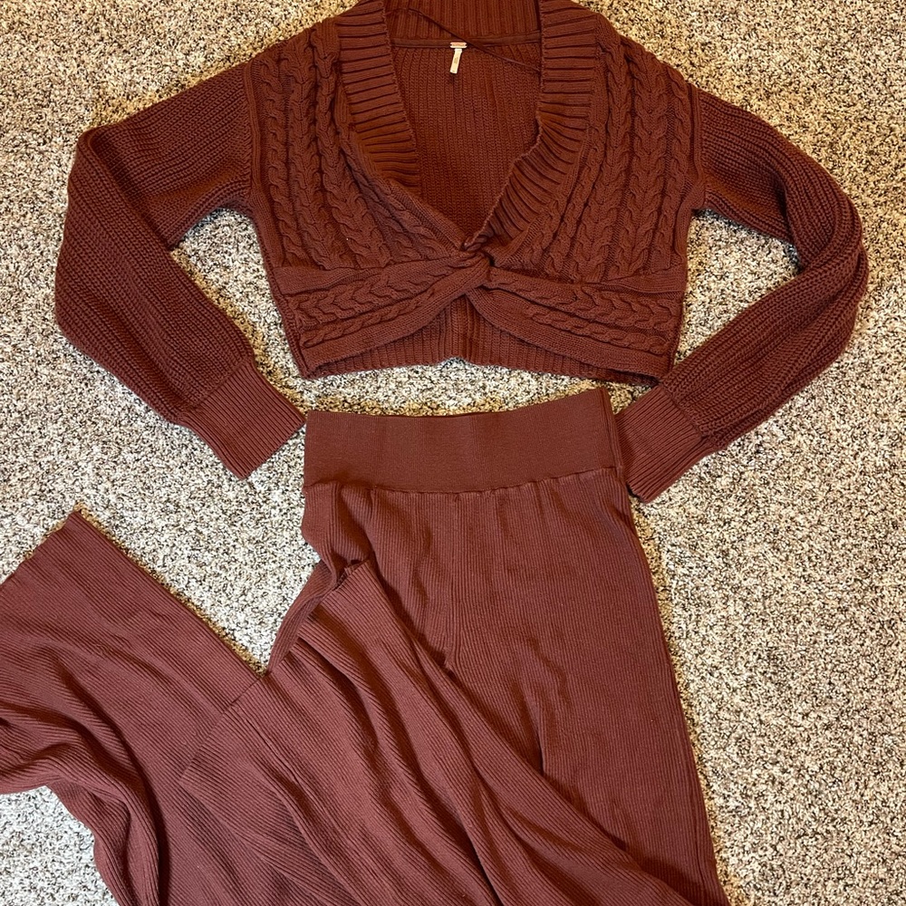Free People Rust Knit Cropped Cardigan and Pants Set medium in both